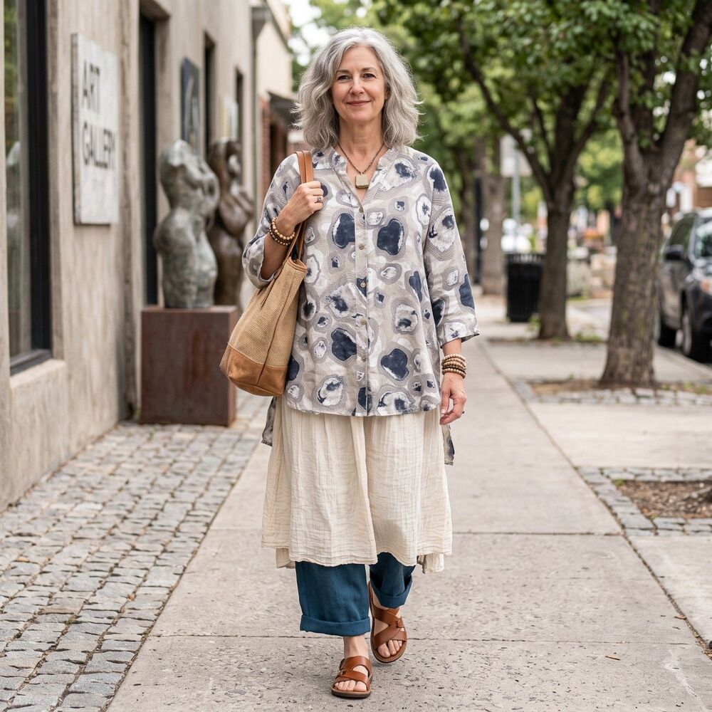 Lands Downunder Tunic Top XL Gray Blue Button Up 3/4 Sleeve Lagenlook Italy